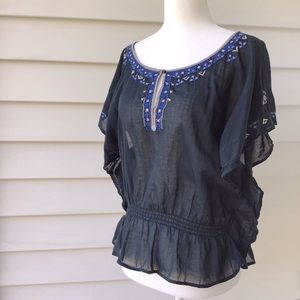 AEO Blouse Womens S Peasant Boho Dolman Sleeve Cotton Blue Light Breezy